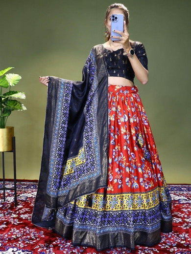 Spectacular Red Floral Printed Dola Silk Function Wear Lehenga Choli